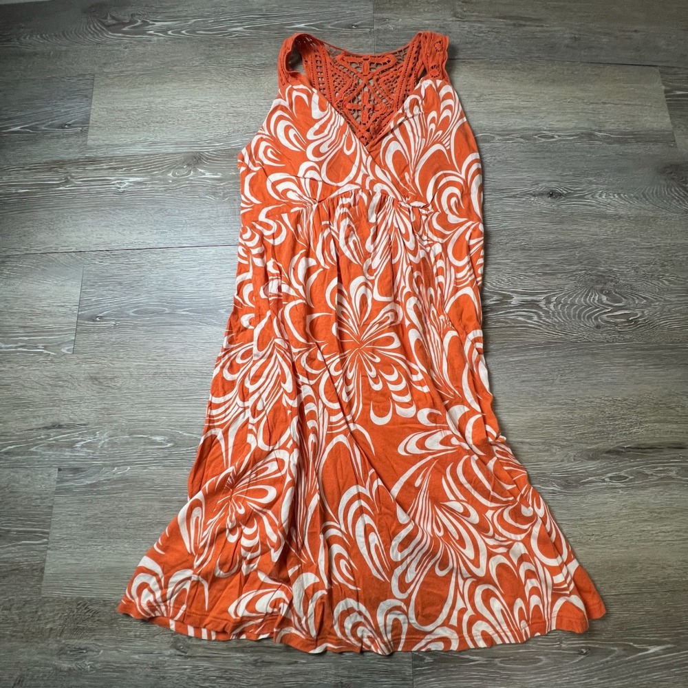 ELLE Sun Dress Womens S Orange White Abstract Floral Crochet Racerback Boho